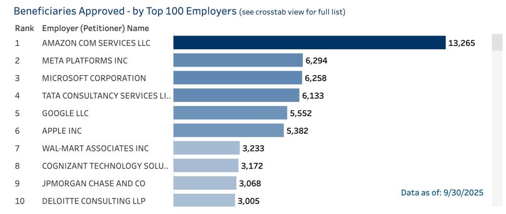 FY2025 H-1B Approvals - top 10 companies